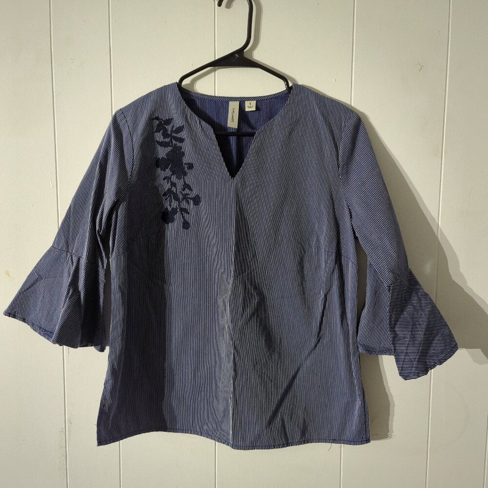 Tacera Blue Striped Embroidered Floral Blouse Women - Size S #I8